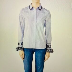 Tory Burch Blue/White Stripe Embroidered Bell Sleeve Collared Button Up Shirt 8